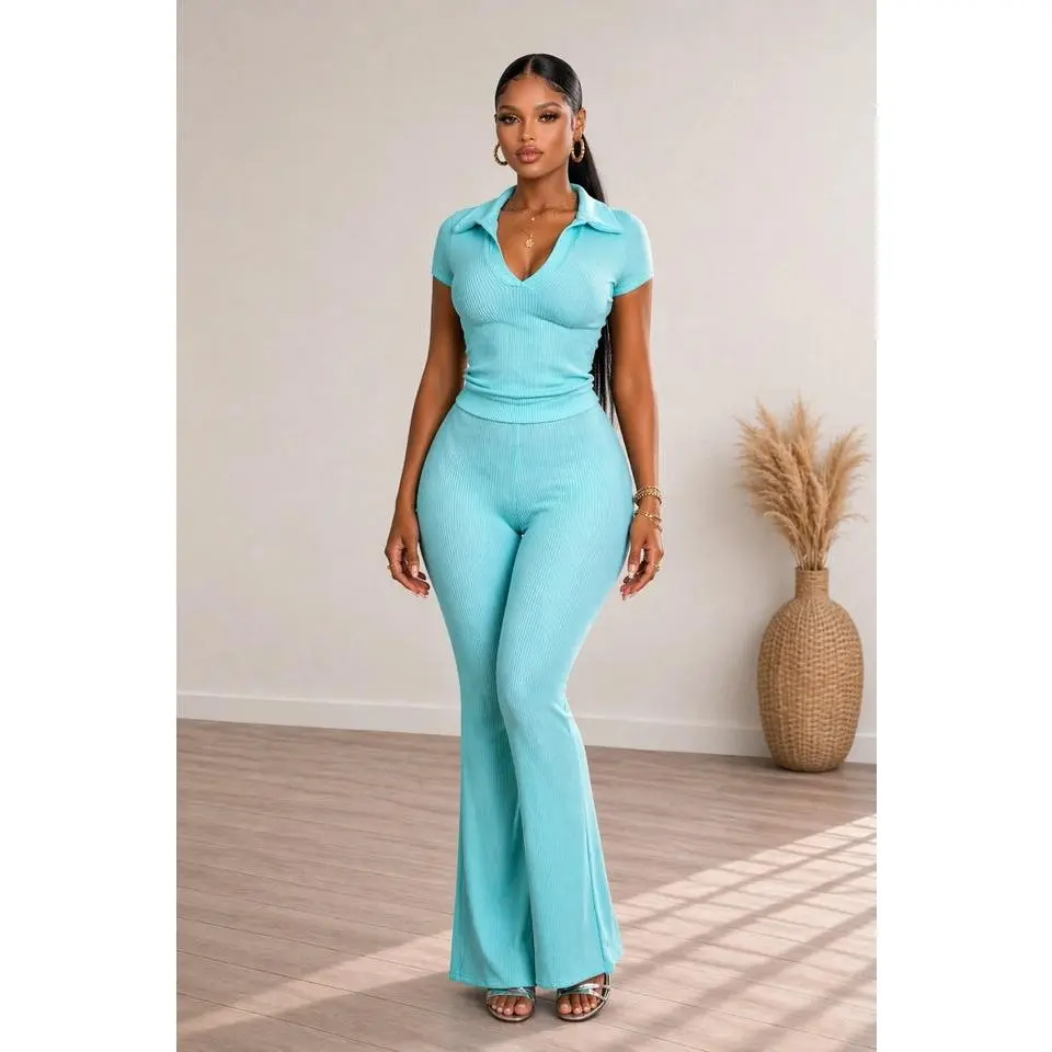 ROYAL RIBBED COLLAR TOP & PANTS SET