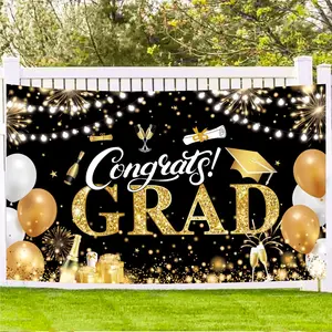 Class of 2025 Graduation Banner 72.8x43.3 Inch Black & Gold Congratulations Backdrop