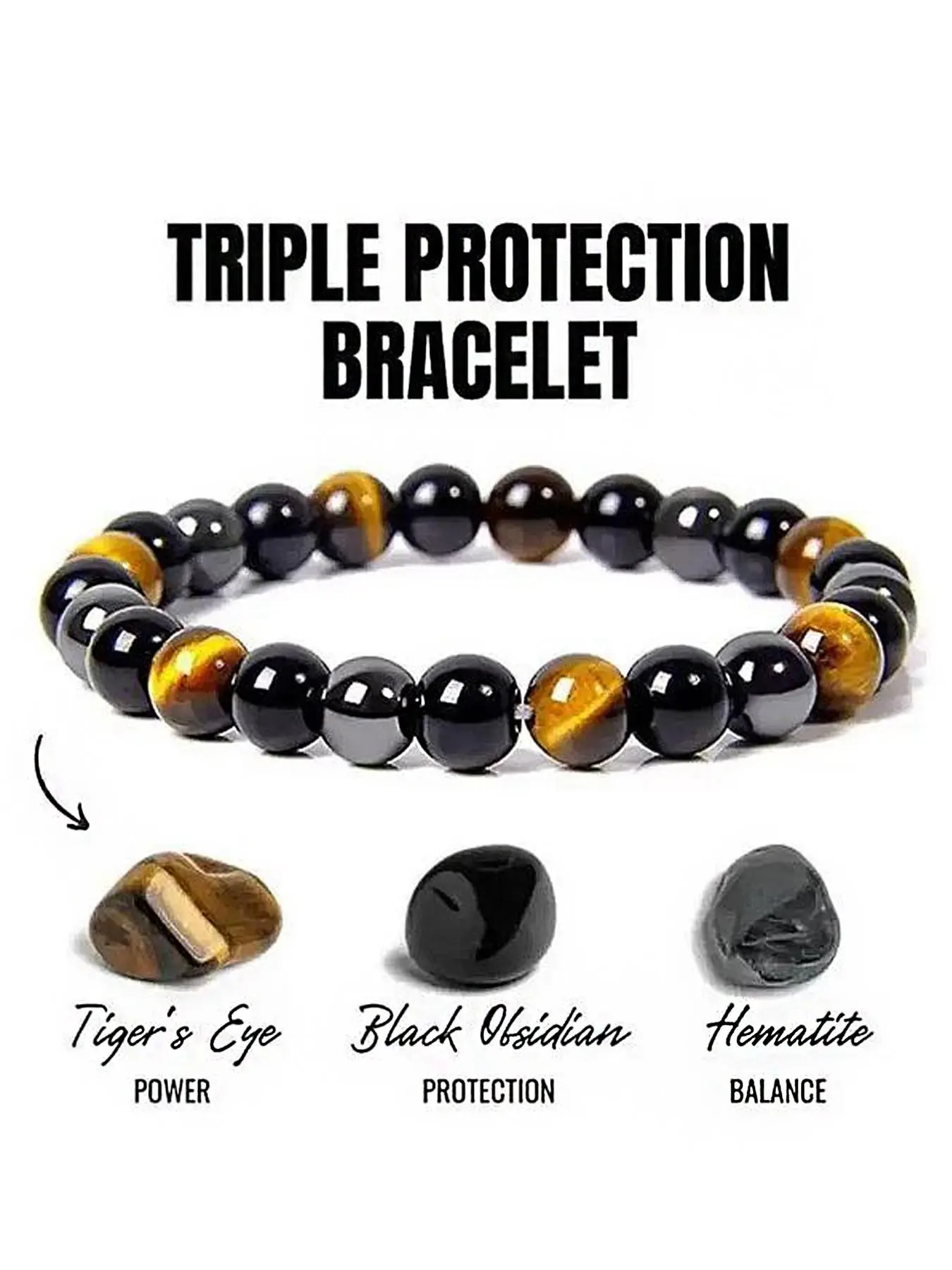 Triple Protection Bracelet with Tiger's Eye, Black Obsidian & Hematite, Lucky Bracelet, Believed to Bring Luck, Wealth & Protection, Balance Energy & Ward Off Negativity, Ideal for Daily Positive Vibes & Spiritual Defense, Crystal Bracelet