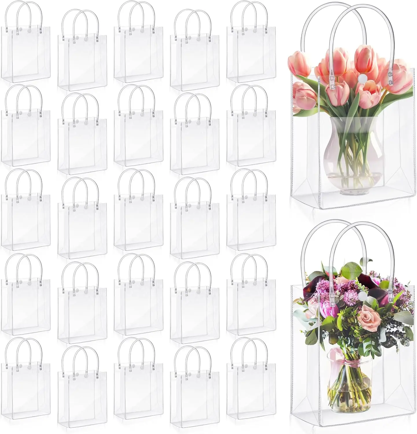 50pcs Clear Plastic Gift Bags with Handles PVC Reusable Transparent Totes Bags for Goodie Candy School Birthday Party(5.1 x 5.9 x 2.7 Inch)