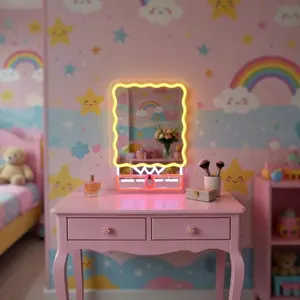Cute LED Neon Vanity Mirror with Lights for Girls Bedroom, Lighted Makeup Mirror Desk Decor, Aesthetic Kawaii Neon Sign Mirror, Beauty Vanity Lighting, Kids Room Decor, Gift for Girls, Birthday Christmas Decor Mirror Lamp
