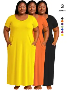 Plus Size Women's Solid Color Dress, Sexy Round Neck Short-Sleeved Long Dress, European and American Summer New Arrival, Casual Style, Basic, Womenswear