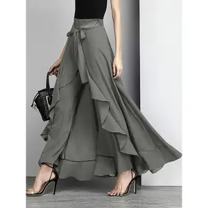 Women's Casual Ruffle Flare Trousers - 100% Polyester Solid Color, All-Season Straight Leg Trousers, Elegant Design, 120g/m², Grey Pants Fabric Womenswear Bottom Woven Fitted