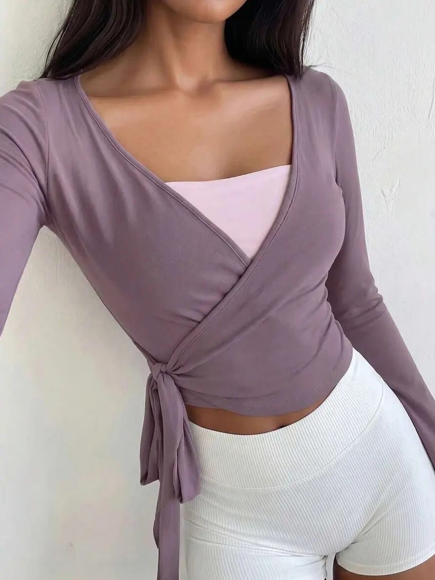 Women Yoga Fitness Sports Cropped Tight Wrap Sweater,V-Neck Long Sleeve Soft Cardigan, All Shades Of Brown, Summer, Casual, Everyday Minimalist For Women