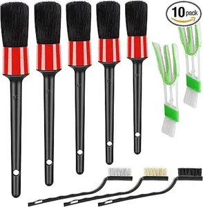 10pcs Auto Car Detailing Brush Set 5 Boar Hair Brushes, 3 Wire Brushes, 2 Air Vent Brushes for Cleaning Car Interior, Dashboard, Engine.