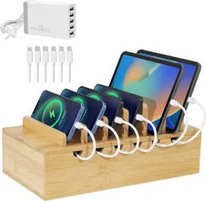 Station for Multiple Devices (Includes 5 Port USB Charger, 6 x Charge Cables), Upgrade Desk Docking Stations Organizer for  Devices, Tablets, Laptop Holder Stand