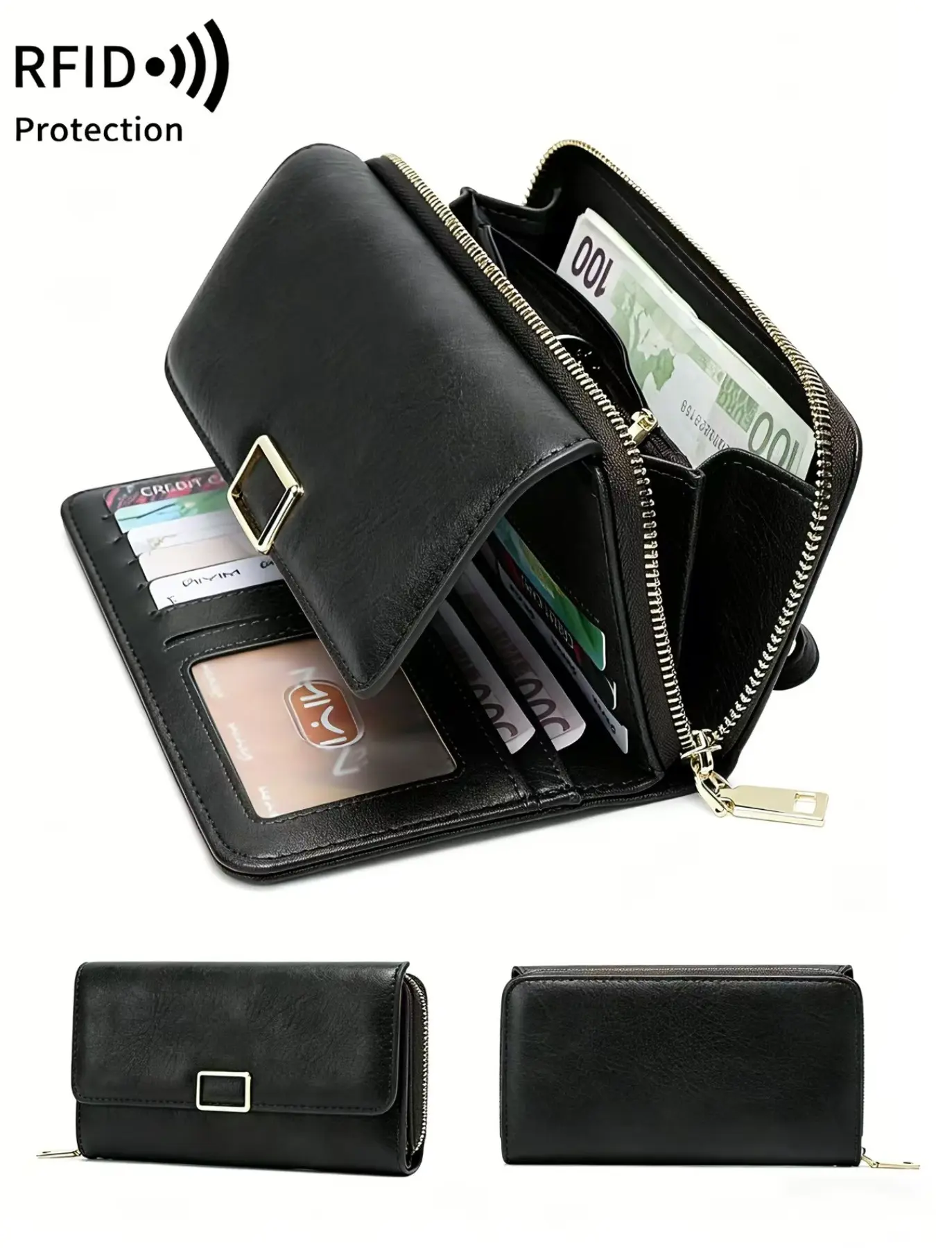 Women's vintage flip wallet, Rfid wristlet wallet, Rfid Blocking Wallets, RFID blocking, large capacity multi-card slot cardholder, zipper compartment can hold phone and cash, with detachable wrist strap, suitable for daily outings as a clutch