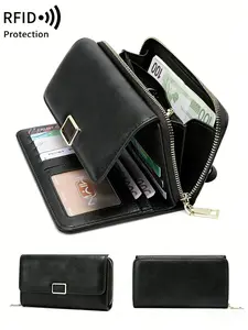Women's vintage flip long wallet, Rfid wristlet wallet, RFID blocking, large capacity multi-card slot cardholder, zipper compartment can hold phone and cash, with detachable wrist strap, suitable for daily outings as a clutch