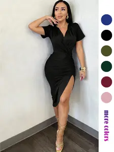 Elegant Pleated Collar Solid Dress, Short Sleeve Summer Dress, Split Hem, Perfect for Parties, Weddings, Office Wear, Women's Fashion