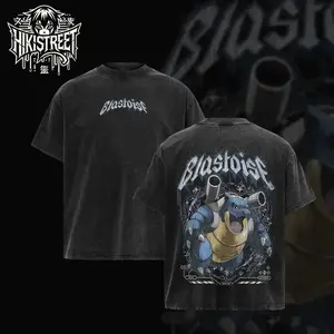 [HIKISTREET] Vintage Blastoise Acid Washed T-Shirt, Pocket Monster Graphic Tee, Anime Streetwear Top, Black Bull Aesthetic Manga Merch R5V