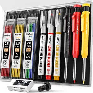 Nicpro Carpenter Pencil with Sharpener, Mechanical Carpenter Pencils with Refills, Deep Hole Long Nib Marker Pens for Construction, Heavy Duty Woodworking Pencil for Architect Marking