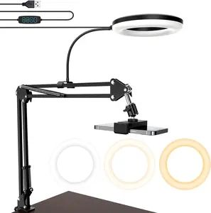 Overhead Camera Mount With Ring Light, Flexible Articulating Phone Arm Stand Compatible With For iPhone, For Logitech Webcam, Desk Tripod for YouTube Live Stream Cooking Nail Video Recording