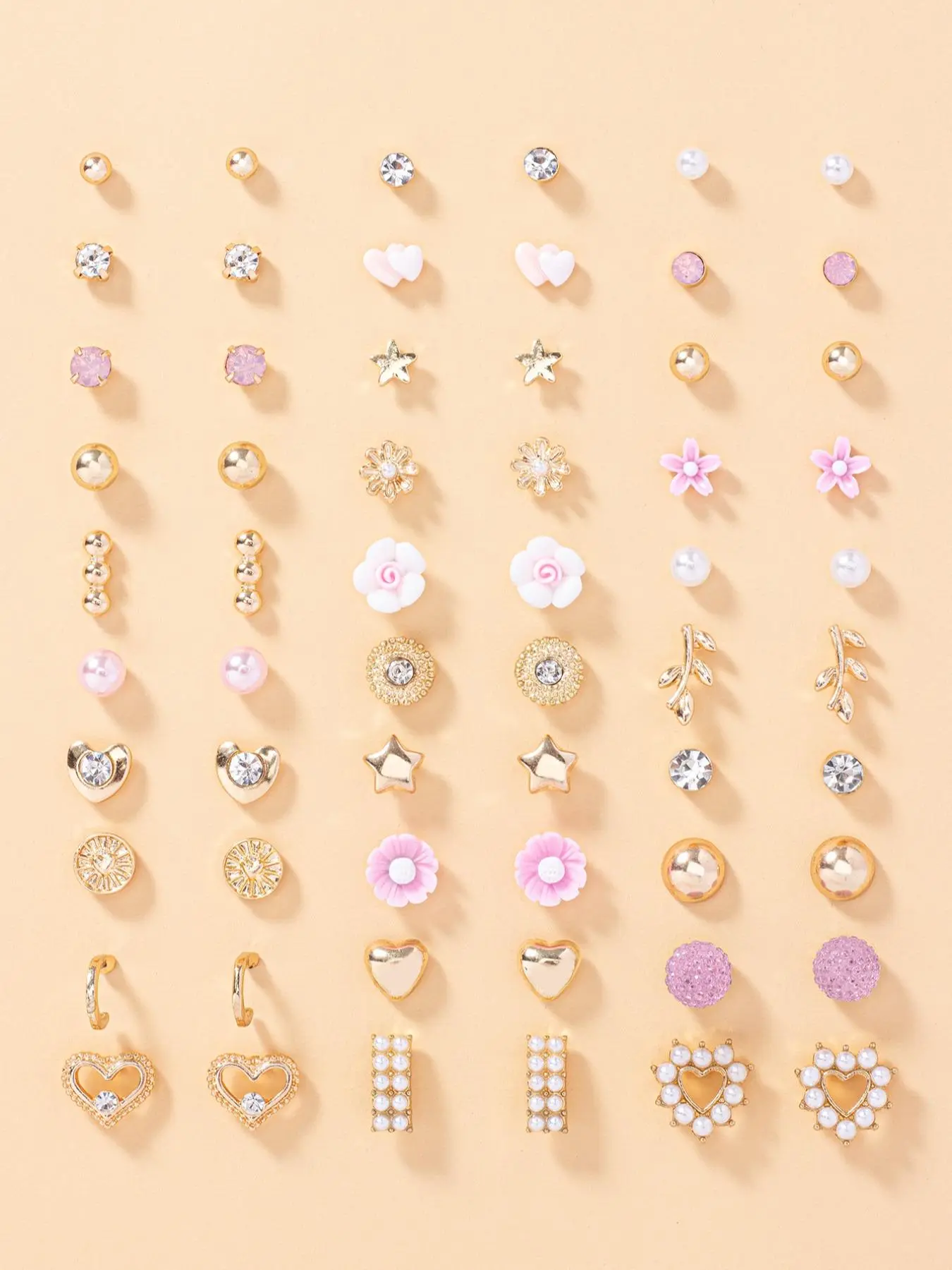 30 Pairs Women's Elegant Rhinestone & Faux Pearl Decorated Stud Earrings, Heart & Flower & Leaf & Star Design Stud Earrings, Floral Stud Earrings, Fashionable Jewelry For Women & Girls For Daily & Party Decoration Stud Earrings Set