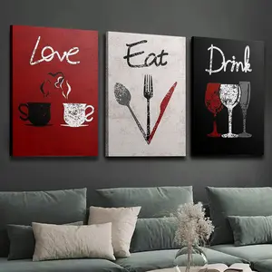 3-Piece Waterproof Glossy Artistic Kitchen Wall Decoration Print Set - Triple-Panel Love-Themed Framed Paintings, Black and Red Modern Design, Wooden Frame, Ideal for Kitchen Decor, Chef Gift