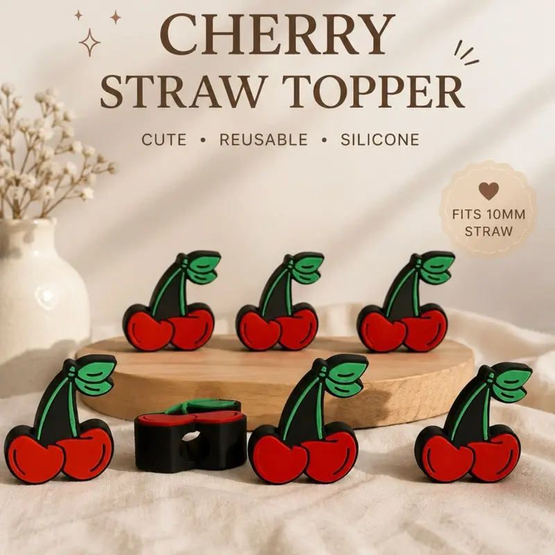 Cherry Straw Toppers - Red Cherry Design with Green Leaves, Perfect for Drinks and Parties