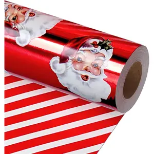 Vintage Santa Double Sided Foil Christmas Wrapping Paper Roll 17 Inch × 33 Feet Candy Cane Stripes for Xmas Presents Decorations