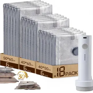 Cordless Travel Vacuum Storage Compression Bag Set-18-Pack in 3 Sizes-Min-USB Rechargeable Handheld Pump with Built-In Battery-140L/Min Powerful Air Removal-insect prevention & Waterproof & Reusable Space Saver for Clothes & Packing, portable accessory