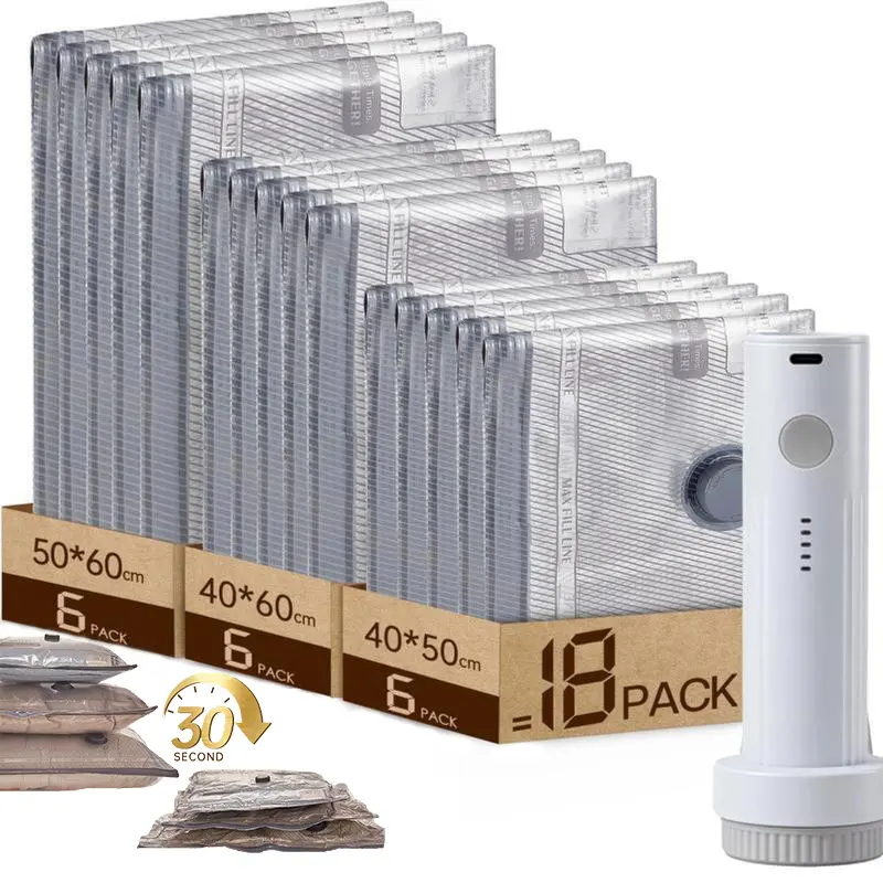 18-Pack 3-Size Cordless Vacuum Packing Seal Storage Compression Bags Set with USB-Rechargeable Handheld Pump, Built-In Battery, 140L/Min Powerful Air Removal, Insect-Proof, Waterproof, Reusable Space Saver for Clothes Packing