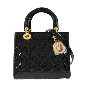 Pre-owned Dior Patent Leather Shoulder Bags Christian Lady Medium Cannage Patent Calfskin Bag with Gold Hardware