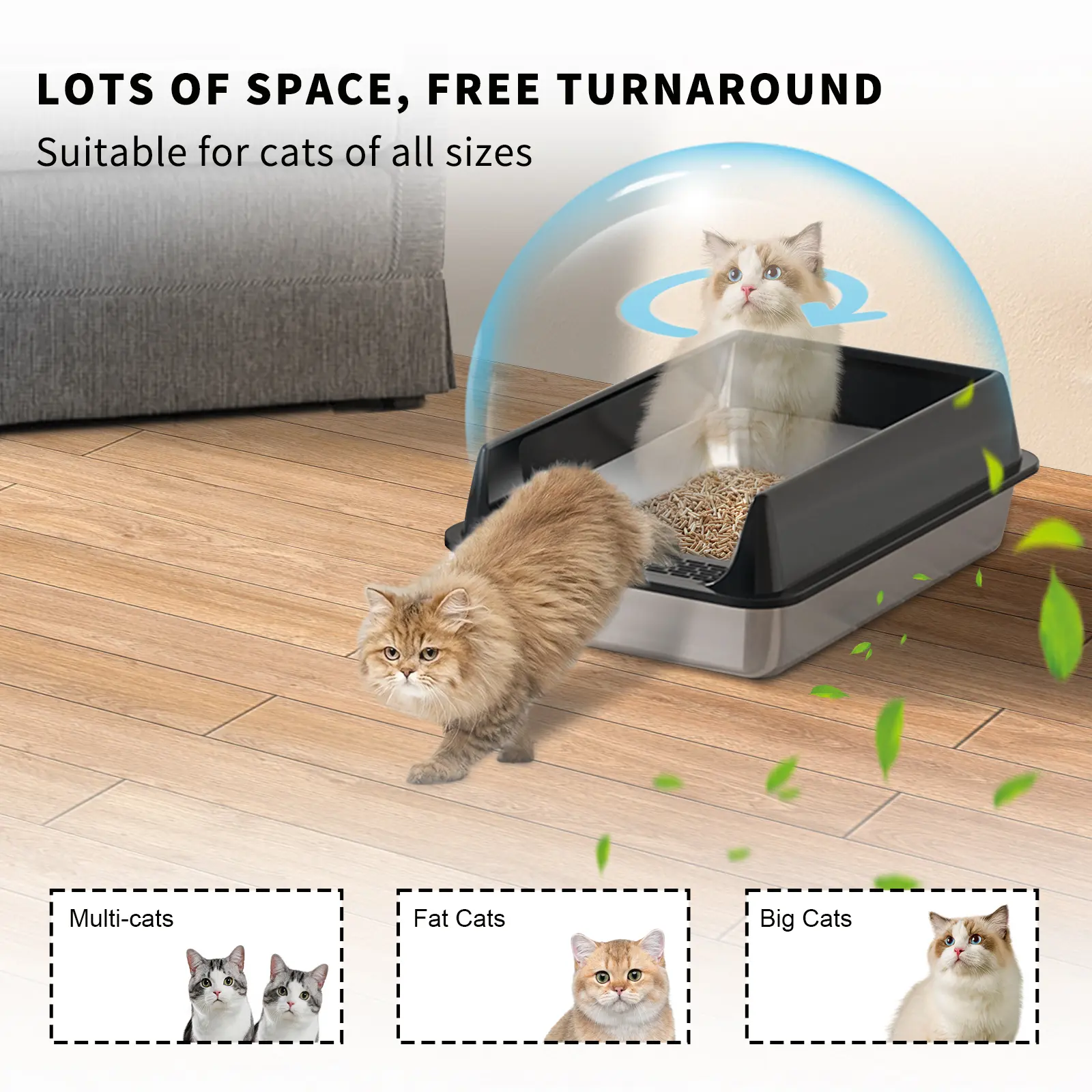 Pet Supplies - Large stainless steel cat litter box with double-layer leak-proof mat and sufficient height, suitable for large cats - Available in black and gray.