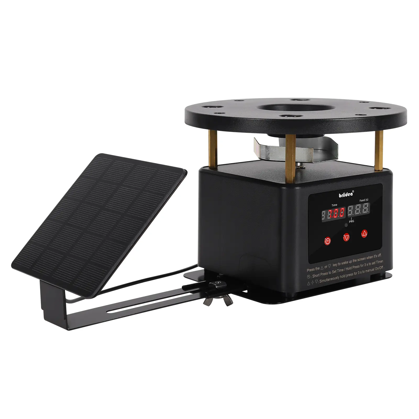 Briidea Solar-Powered Metallic Automatic Chicken Feeder Kit with Solar Panel, 6-Setting Programmable Timer, 2-10in Adjustable Bracket, Galvanized Steel Spin Plate, 4*AA Battery Backup, LED Screen, 8mm Screws, Uninterrupted Feed, User-Friendly Design