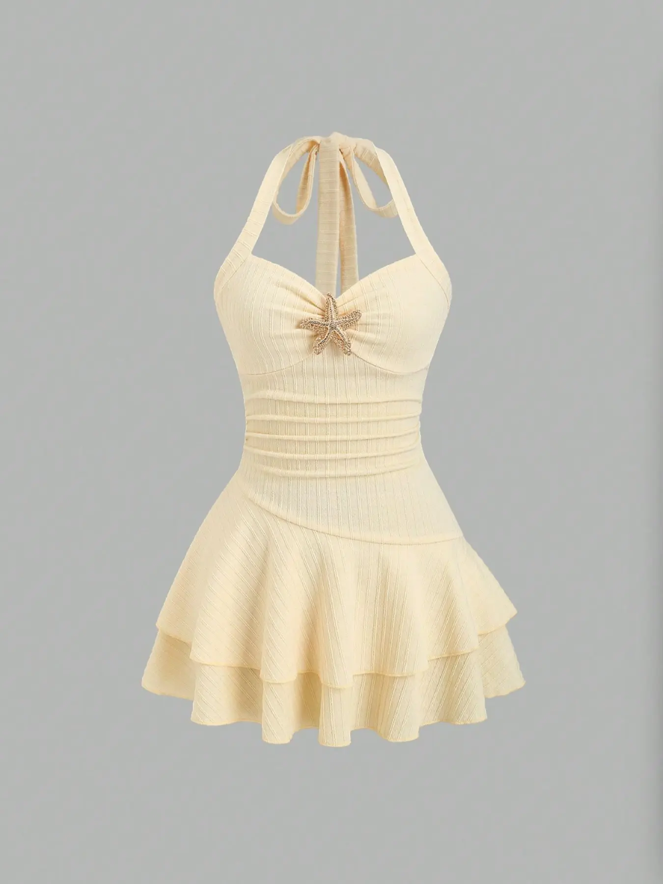 Women's Fashion Dress with Metal Starfish Decoration, Halter Neck Design, Sleeveless, Pleated Hem, Plain Pattern, Stylish Chic Formal Evening Wear, Elegance, Cute