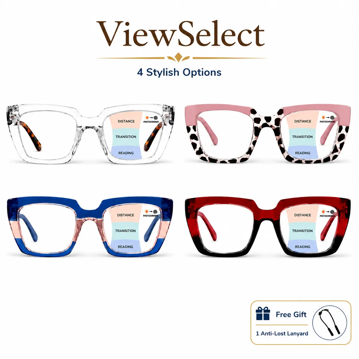ViewSelect Progressive Multifocal Photochromic Reading Glasses - Lightweight, Durable, Style1 Daily Use, 3-in-1 Far-Mid-Near Vision, Fashion Square Frame, Free Anti-Lost Lanyard for Women Men