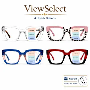 ViewSelect Progressive Multifocal Photochromic Reading Glasses - Lightweight, Durable, Style1 Daily Use, 3-in-1 Far-Mid-Near Vision, Fashion Square Frame, Free Anti-Lost Lanyard for Women Men