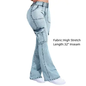 Multi Pocket Double Button Mid Rise Flare Cargo Jeans Comfort Denim