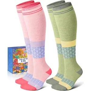 Cotton Compression Socks for Women - 15-20mmHg Cushioned Sole, Soft Breathable for Pregnancy Travel Nurse, Pink and Green Geometric, L/XL : Clothing, Shoes & Jewelry