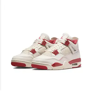Retro Mid-Top Basketball Shoes in Pale Ivory Smooth Leather with Mesh Side Panels and Sierra Red Midsole and Outsole Accents