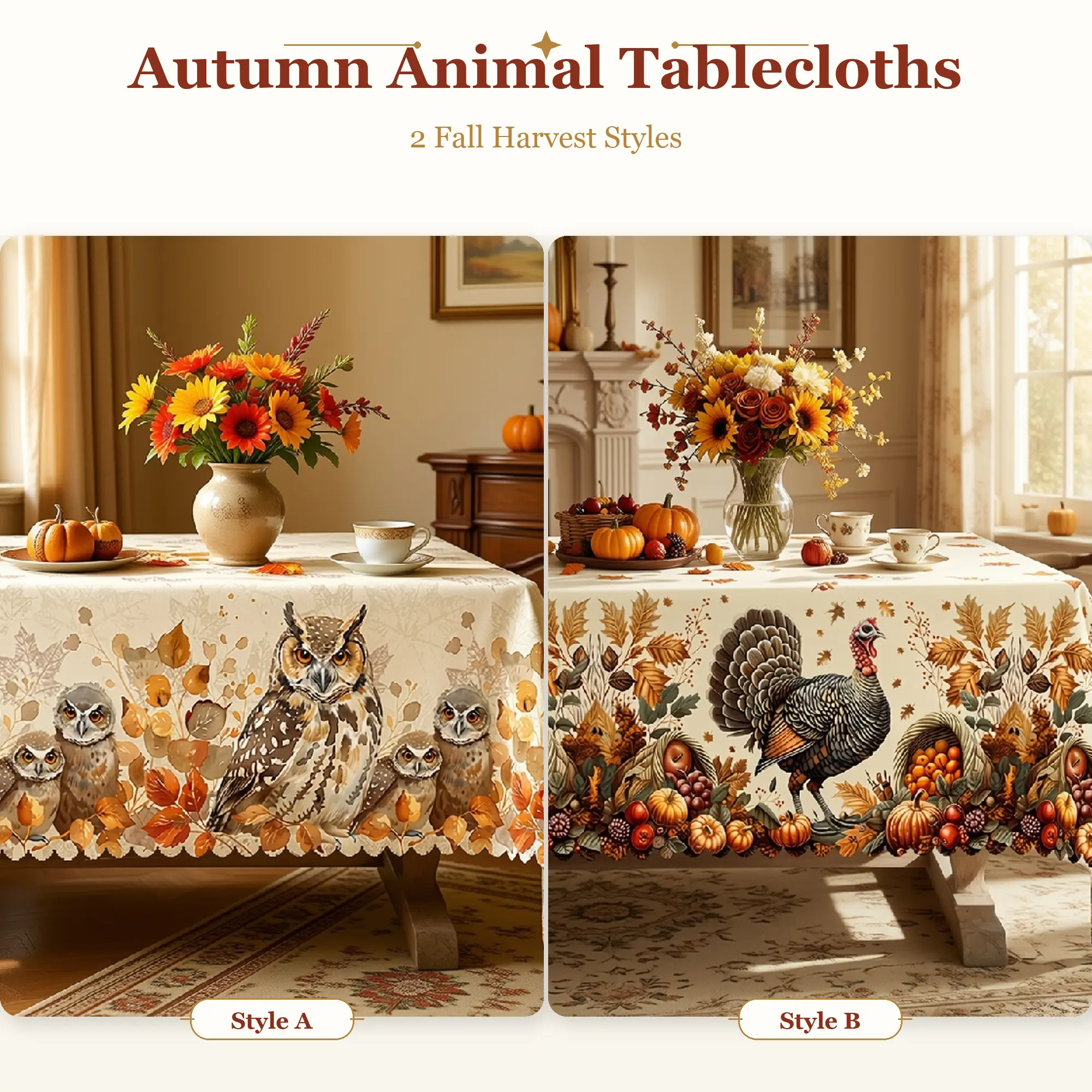 Autumn Animal Farm Tablecloth with Chickens, Wildflowers, Leaves and Rustic Details, Seasonal Farmhouse Theme, Round, Rectangular and Oval 60in Covers for Dining Rooms, Restaurants, Picnics and Birthday Gatherings polyester, washable, clearance sale