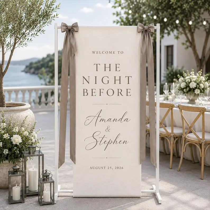 Custom Rehearsal Dinner Sign: The Night Before, Engagement Party Sign, Minimalist Wedding Decor, Linen Fabric