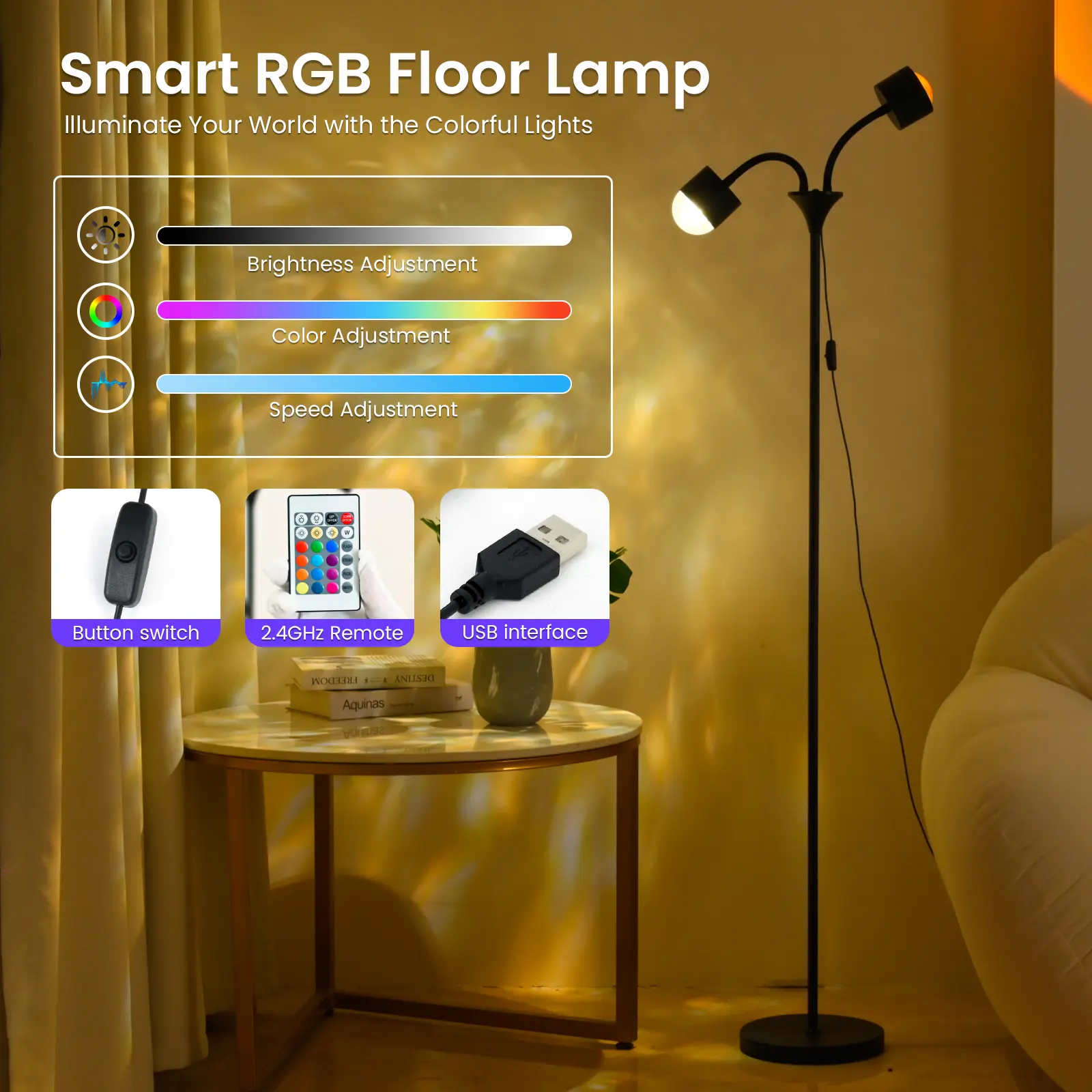 RGB Corner Floor Lamp - 2 Head LED Standing Lamp with Remote Control, Dimmable Color Changing Ambient Light for Bedroom, Living Room, Gaming Room & Home Decor
