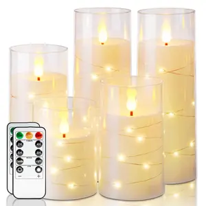 Flameless Candles with Embedded Star String Fairy Lights, Battery Operated Candles, LED Candle, Fake Candles with Remote Control and Timer, Ivory, Set of 5(H4 5" 6" 8" 8")