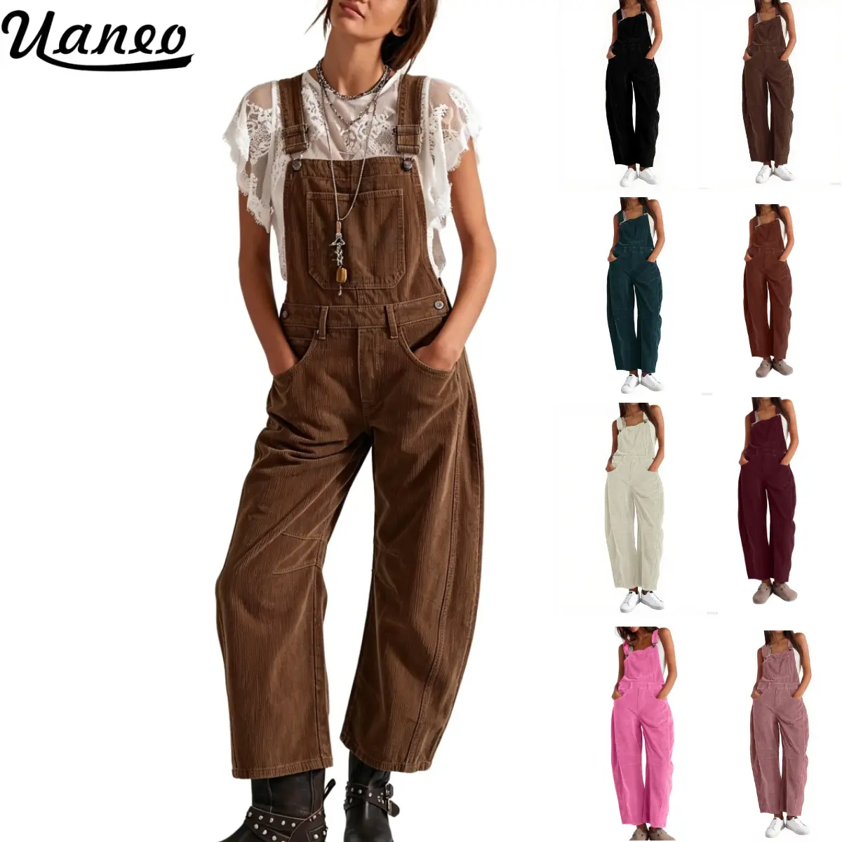 UANEO Corduroy Overalls for Women Barrel Wide Leg Bib Corduroy Pants Women Adjustable Romper Jumpsuit with Pockets