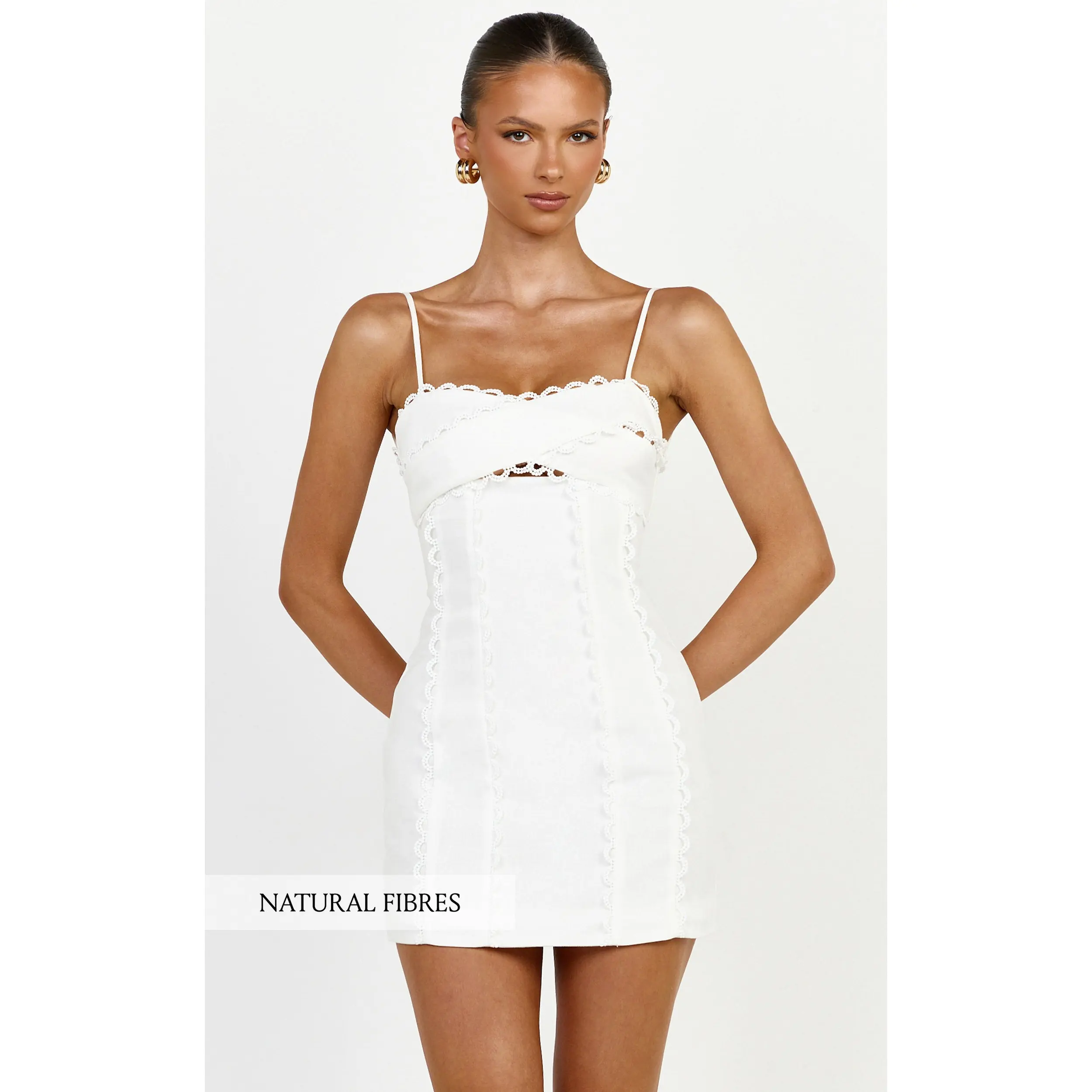 Gigi Mini Linen Blend Dress - Sweetheart Tie Back Scallop Detail Dress in Off White