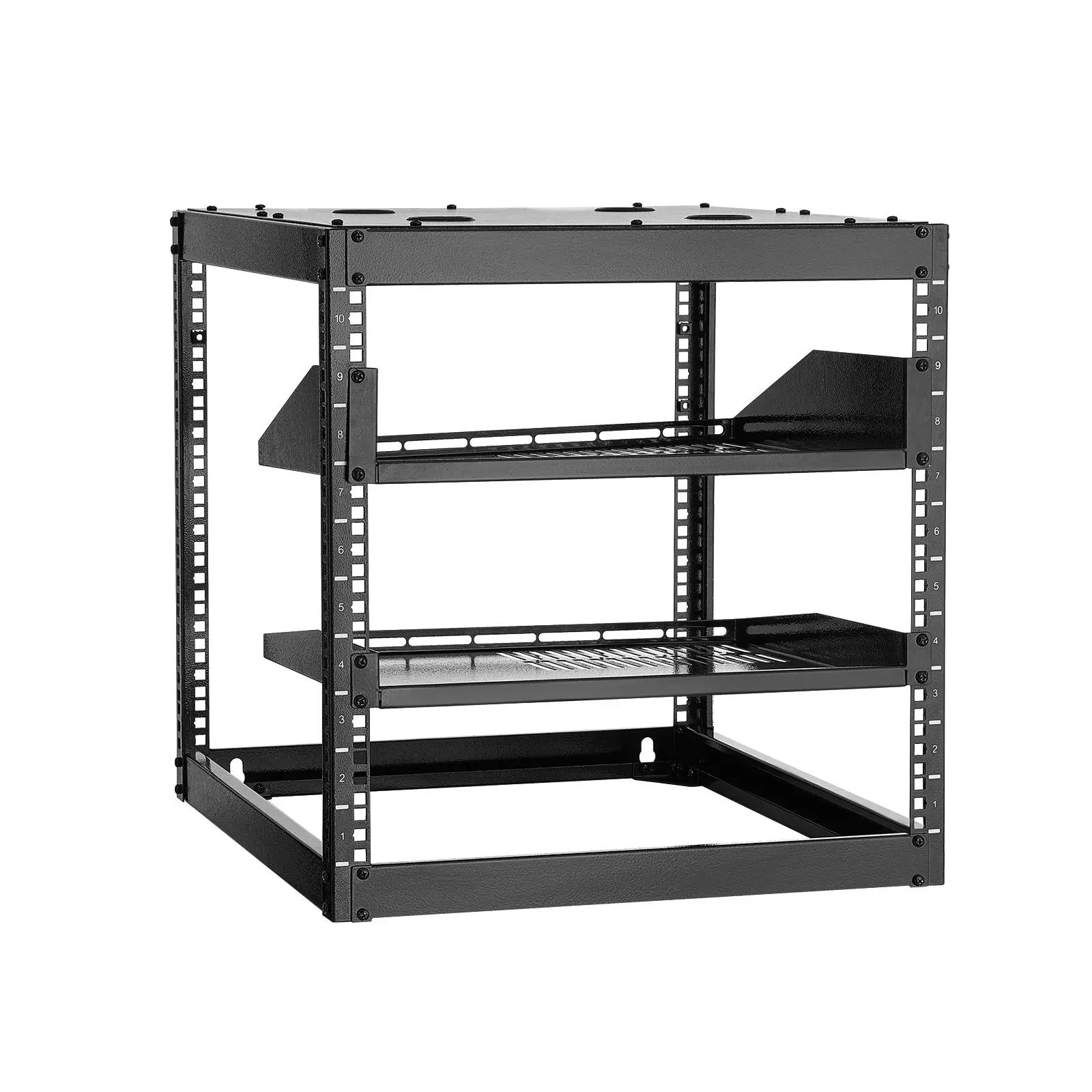 【summerfinds】VEVOR 10U Carbon Steel Open Frame Network Organiser, 23 in Depth Flat Metal Utility Rack, Wall-Mounted/Floor-Standing 4-Post Assembly Kit (500 lbs Capacity), Vented Shelves, Mounting Hardware, Accessory for Networking IT/AV Gear