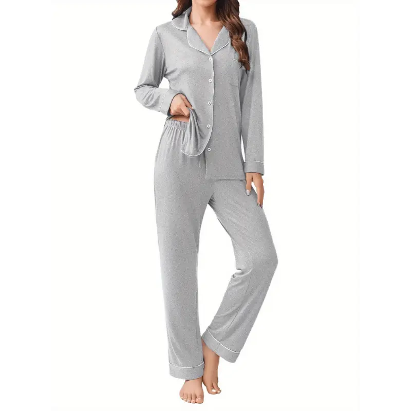 Women's 2-Piece Solid Spandex Pajama Set - Soft Long Sleeve Button-Down Top, Comfy Pants, Spandex Fabric Loungewear for Postpartum Breastfeeding, Christmas Homewear