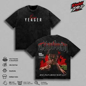 Eren Yeager AOT Vintage Washed T-Shirt, Founding Titan Graphic Tee, AOT Anime Streetwear Shirt, Rumbling Eren Manga Oversized Heavy Cotton Unisex Tee, Scout Regiment Fan Gift Apparel