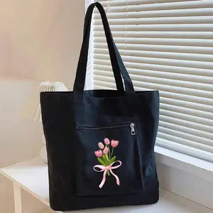 1 Large Capacity Pink Floral Print Shoulder Tote Bag, Canvas Tote, Shopping Bag, Party Bag, Wedding/Birthday Party Favor Bag, Handmade Tote Bag, Party Gift Bag, Women's Tote Bag, Canvas Bag, Canvas Tote Bags