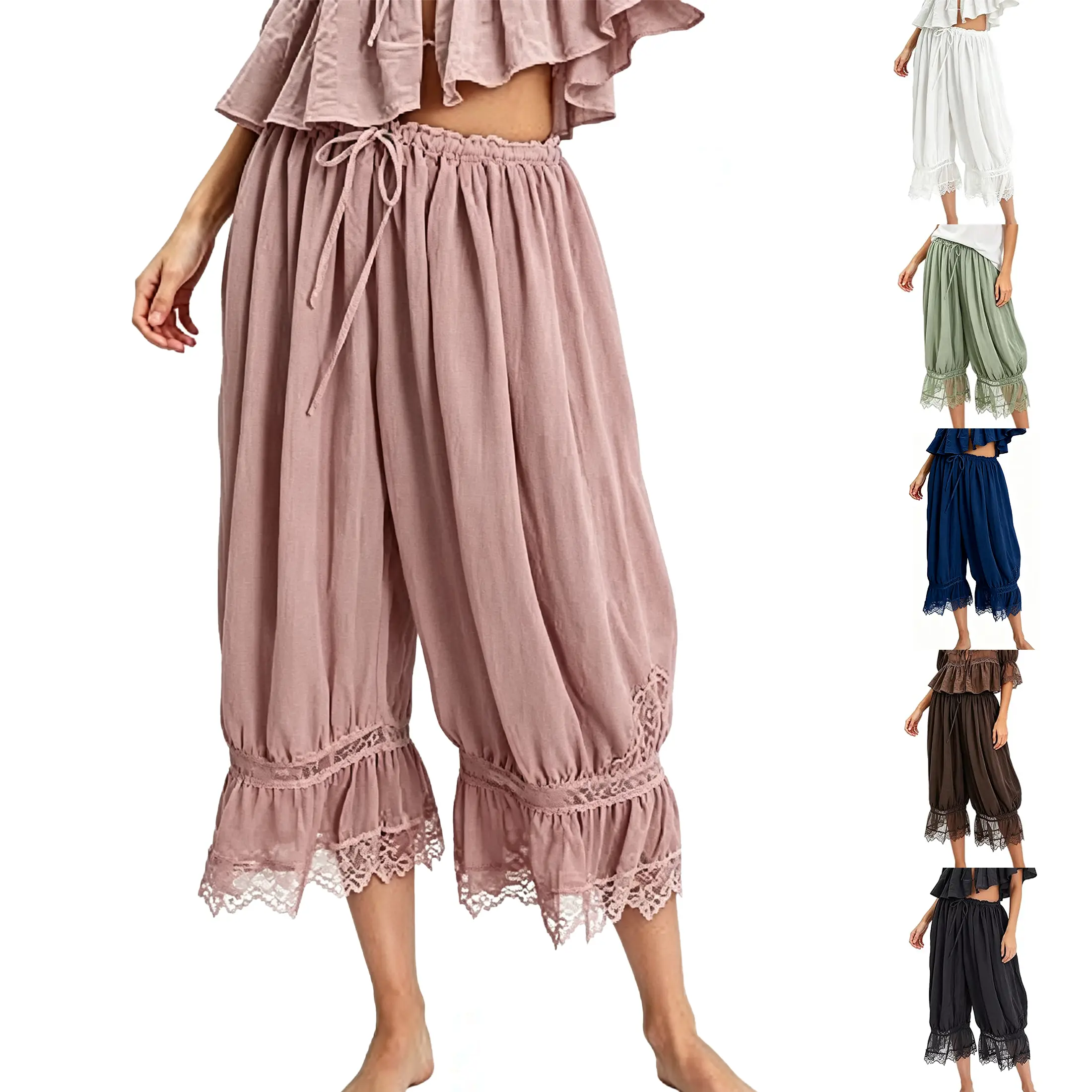 Wandal Women Vintage Lace Ruffle Cropped Bloomers Elastic Mid Rise Loose Pantaloons Boho Crinkled Slip Lounge Pants For Cottagecore Festival Daily Layering Sleep OOTD