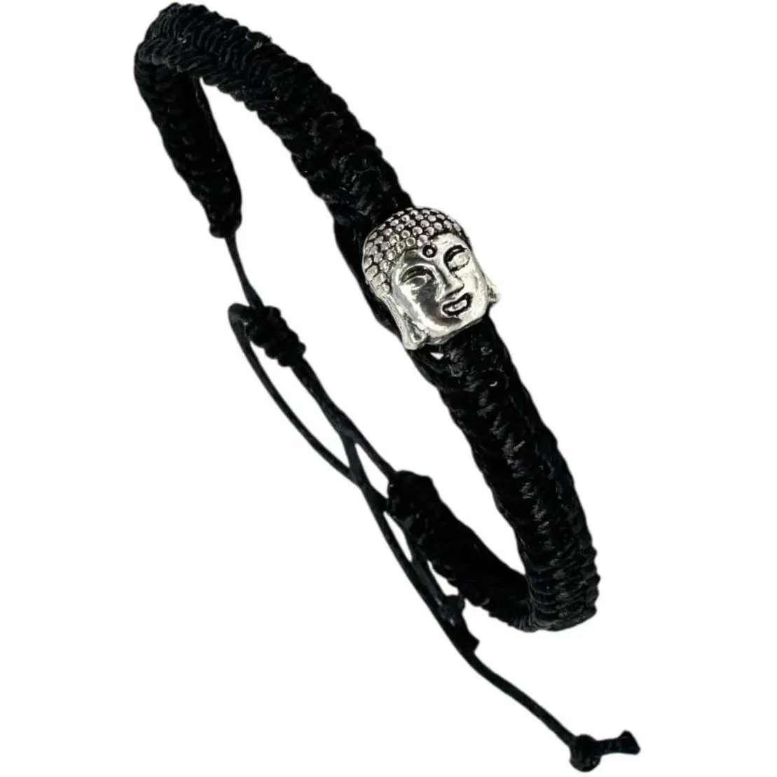 Buddha Braided Macrame Bracelet Black Cord with Silver Charm Handcrafted Adjustable Sliding Knot Closure Spiritual Accessory for Meditation or Everyday Wear