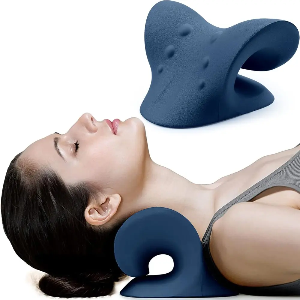 Dark Blue Ergonomic Foam Floor Relaxer - Cervical Traction Device for TMJ Pain Relief & Spine Alignment, Chiropractic Pillow, Home Supplies Shoulder Stretcher That Restores C-Shaped Curve of Neck