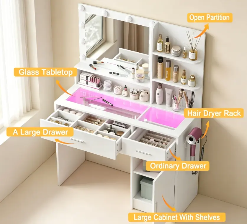 CollaredEagle Vanity Desk With Mirror And 3 Lighting Modes 10 USB Power LED Lights, 40" Makeup Vanity With Glass Top & Power Outlet, Vanity With 36 Lighting Modes Brightness Adjustable RGB Drawers,Dressing Table For Women Girls Bedroom, White