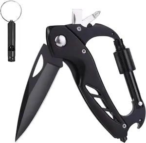 Multitool Carabiner with Pocket Knife, EDC Carabiners Keychain with Folding Knives, Survival Gear for Camping Hiking with a Whistle, Bottle Opener, Window Breaker, Screwdriver, Gifts for Men