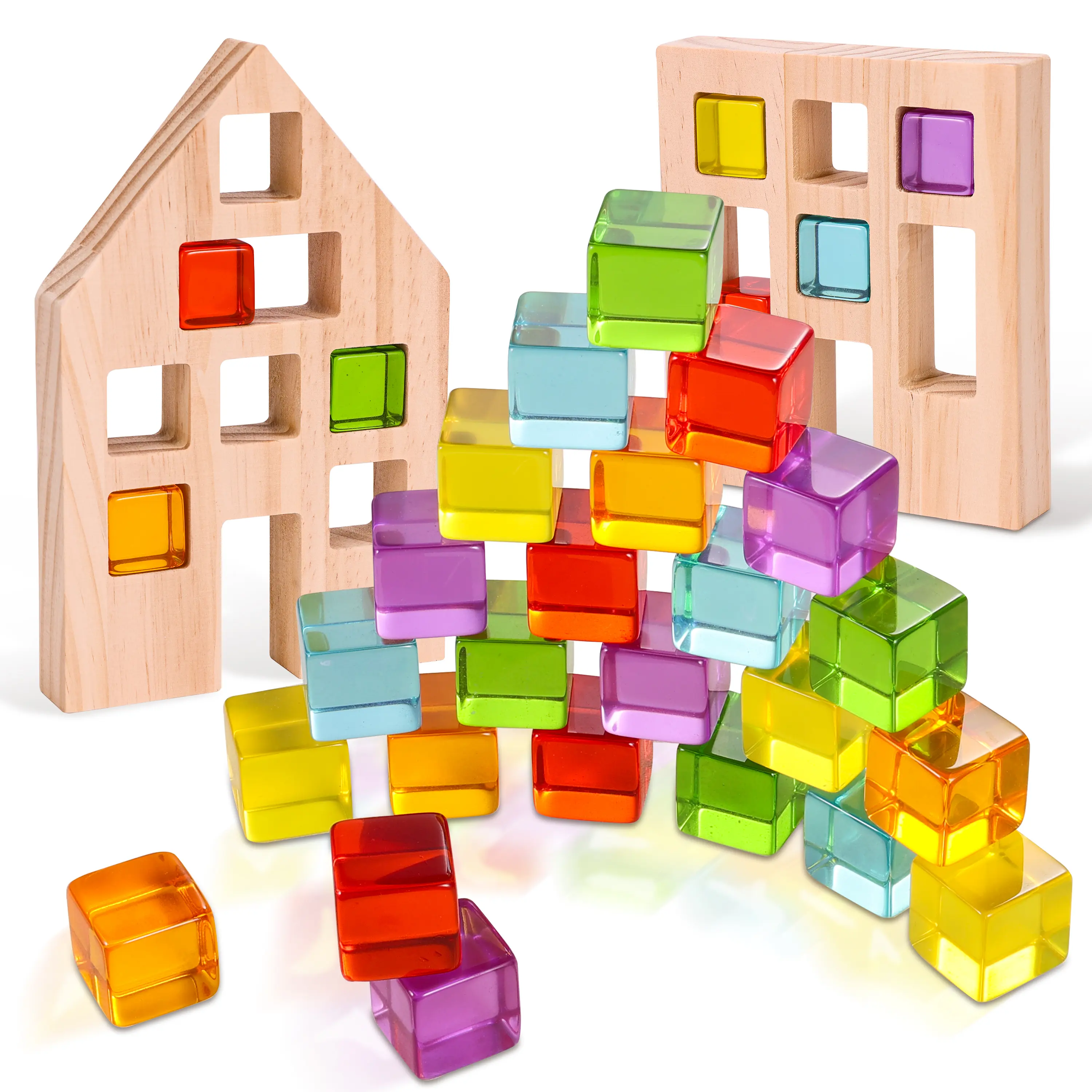 Woodtoe Wooden Building Blocks Set for Kids, Kids Valentines Toys, 24 PCS Rainbow Gem Cubes Stacking Blocks - 2 Wood House, Montessori Stacking Toy for Toddlers, Educational STEM Birthday Valentines Day Gifts Toys for Boys Girls