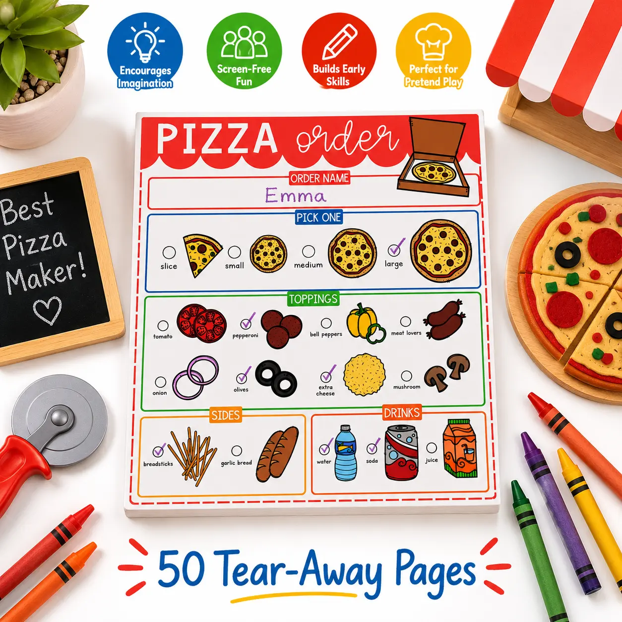 Pretend Play Pizza Order Notepad for Kids Ages 3-5 | Pizza Shop Role Play Activity Pad | Restaurant & Food Truck Imagination Game | 50 Tear-Away Pages