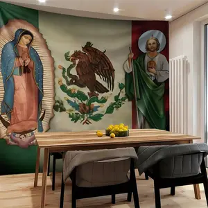 Our Lady of Guadalupe & Mexican Flag Tapestry, Saint Jude Wall Hanging, Religious Patriotic Tapestries, Mexican Heritage Wall Blanket, Striking Backdrop Decor Print for Bedroom & Dorm