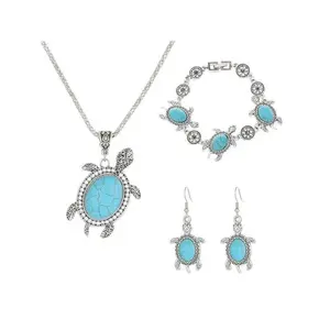 Women's Boho Turquoise Turtle Jewelry Set Necklace Bracelet & Earrings for Beach Festival Wear Vintage Coastal Bohemian Style